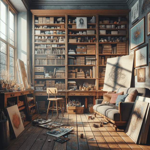 An-art-studio-interior-with-a-large-wooden-bookshelf-filled-with-art-books-supplies-and-scattered-sketches.-The-bookshelf-is-situated-near-a-large